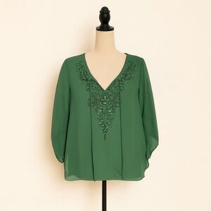Brittany Black Women’s Sheer Green Embellished Blouse Size S/M Boho Beaded Tunic